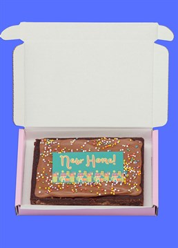 <p>Introducing the baked delights of Simply Cake Co: the perfect treats to make an occasion extra special (and sweet), delivered directly through your loved one's letterbox!</p>
<p>Why just send a card to say congrats when you can send them a mind-blowingly good brownie as well? Go the extra mile and treat your loved one(s) with a super gooey, sharing-size slab of chocolate brownie that can be delivered straight through the letterbox of their new home and enjoyed by the whole family! This indulgent brownie slab is topped with real Belgian chocolate, rainbow sprinkles, and an edible 'New Home!' design for the finishing touch!</p>
<p>These are handmade in the UK with the best ingredients including proper butter, free-range eggs, Belgian chocolate AND gluten free flour so that more people can enjoy their great taste! Simply Cake Co. baked goods&nbsp;are packed full of chocolate, which gives them a shelf life of a good 10 days on arrival. Keep them wrapped up tight, or freeze if you want to keep them longer! Serves 4.</p>
<p><strong>Please note that this product is fulfilled by our partner Simply Cake Co. and therefore will be sent separately to our other cards and gifts.</strong></p>
<p>Ingredients:</p>
<p>Caster sugar, Chocolate (Cocoa mass, Sugar, Cocoa butter, whole&nbsp;<strong>MILK&nbsp;</strong>powder, emulsifier&nbsp;<strong>SOY</strong>&nbsp;Lecithin, Natural Vanilla flavouring), White Chocolate (Sugar, Cocoa butter, whole<strong>&nbsp;MILK&nbsp;</strong>powder, emulsifier&nbsp;<strong>SOY&nbsp;</strong>Lecithin, Natural Vanilla flavouring), Butter (<strong>MILK</strong>), free-range<strong>&nbsp;EGG</strong>, gluten-free flour blend (pea, rice, potato, tapioca, maize, buckwheat), cocoa powder, salt, xanthan gum, sprinkles (Sugar, Corn Starch, Spirulina Extract, Colours (E160a Carotenes, E160c Paprika, E100 Turmeric, E163 Anthocyanins, E162 Beetroot Red), Stabilizers (Maltodextrin), Glazing agent (Carnauba Wax)), wafer paper (Potato Starch, Water, Olive Oil, maltodextrin) icing (Water, starch (maize), dried glucose syrup, humectant: glycerine, sweetner: sorbitol, colour: titanium dioxide, vegetable oil (rapeseed), thickener: cellulose, emulsifier: polysorbate 80 flavouring, vanillin, sucralose), colourings(water, humectant, E1520, E422, food colouring ( e120, e122, acidity regulator e330, e151, e110, e102).</p>
<p><strong>For allergens please see above in bold.</strong>&nbsp;Made in a bakery that handles&nbsp;<strong>MILK, EGGS, SOYA, NUTS &amp; PEANUTS</strong>&nbsp;therefore may contain traces. Coeliac-friendly. Not suitable for vegetarians.</p>